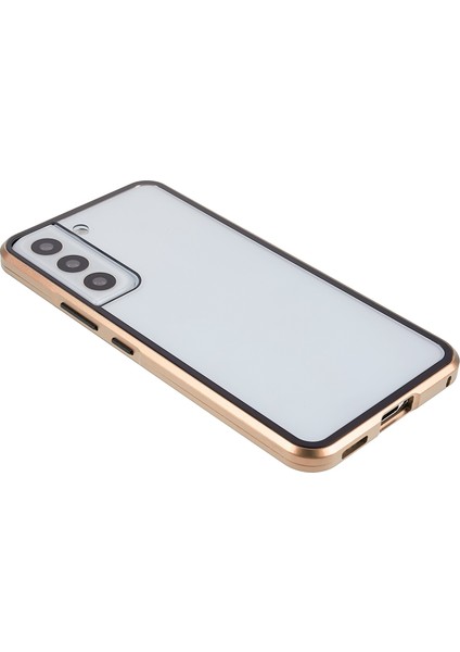 Samsung Galaxy S22+5G 360 Derece Her Şey Dahil Koruma Metal Tamponu+Çift Taraflı Temperli Cam Şok Geçirmez Telefon Kapağı Manyetik Kapatma-Altın (Yurt Dışından)