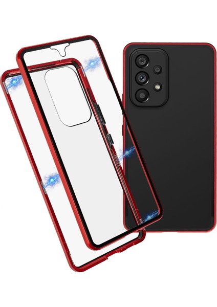 Samsung Galaxy A53 5g Anti-Fall Metal Tamponu+Çift Sandalı Temperli Cam Kabuk 360 Derece Her Şey Dereceli Koruma Manyetik Telefon Kapak-Kırmızı (Yurt Dışından)