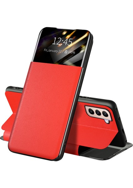 Samsung Galaxy S22+5G Görüntüle Pencere Telefon Kılıfı Pu Deri Kart Tutucu Stand Koruyucu Kapak-Kırmızı (Yurt Dışından)
