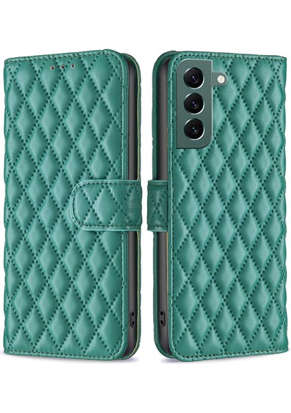 Samsung Galaxy S22+5G Rhombus Desen Için Baskı Stand Mat Pu Deri Deri Flip Cüzdan Kapak Yeşil (Yurt Dışından)