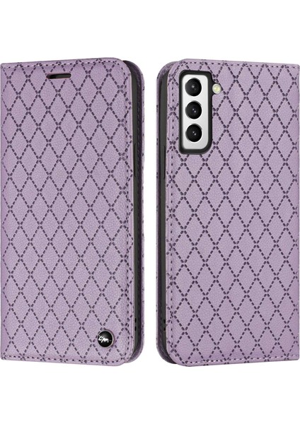 Samsung Galaxy S21 Fe 5g Rhombus Için Kabartma Litchi Doku Doku Telefon Damla Koruma Kılıfı Rfıd Blowantıng Pu Deri Flip Stand Cüzdan Kapak-Purple (Yurt Dışından)