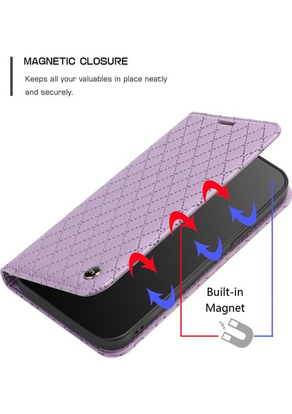 Samsung Galaxy S21 Fe 5g Rhombus Için Kabartma Litchi Doku Doku Telefon Damla Koruma Kılıfı Rfıd Blowantıng Pu Deri Flip Stand Cüzdan Kapak-Purple (Yurt Dışından)