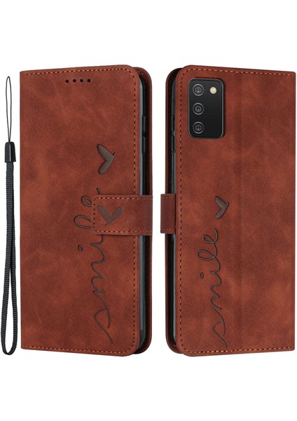 Samsung Galaxy A02S (164.2X75.9X9.1MM) Cilt Dokunuşlu Pu Deri Desresip Heart Yolca Telefon Kılıf Deri Touch Stand Cüzdan Flip Folio Cover-Brown (Yurt Dışından)