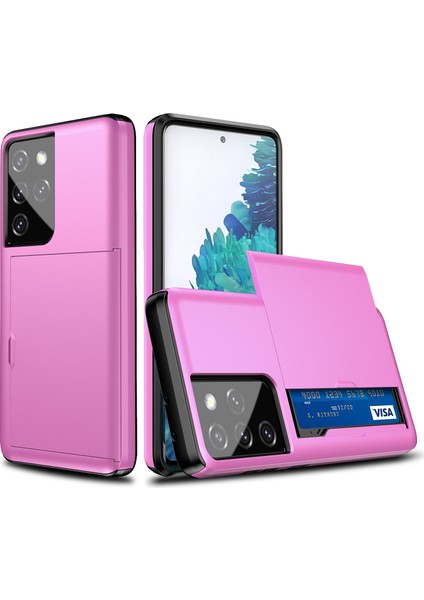 Samsung Galaxy S21 Ultra 5g-Pink Için Çekme Koşullu Slayt Kartı Tutucu Pc+Tpu Hibrid Geri Akıllı Telefon Kılıfı (Yurt Dışından)