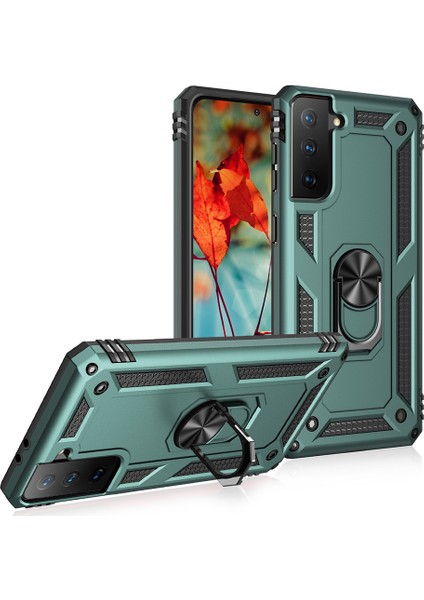 Samsung Galaxy S21 Fe-Dark Green Için Finger Ring Kickstand ile Fall Anti-Fone Hibrid Pc+Tpu+Metal Kılıf Kapağı (Yurt Dışından)