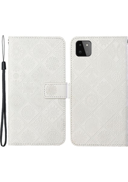 Baskılı Çiçek Cüzdanı Deri Koruyucu Kasa Mıknatıs Toka Kapak Samsung Galaxy A22 5g (Ab Versiyonu)-Beyaz (Yurt Dışından)
