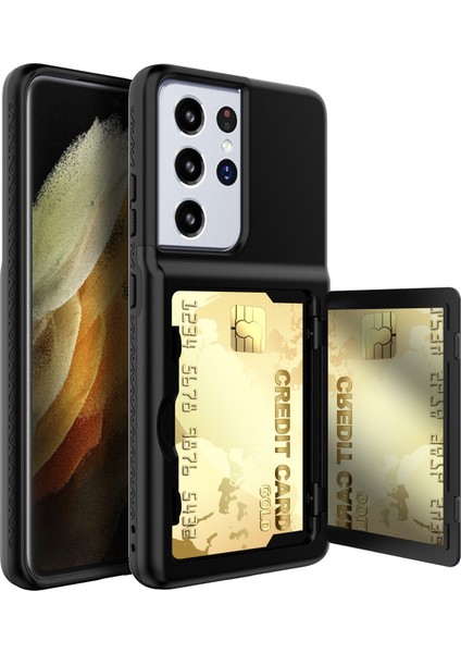 Samsung Galaxy S21 Ultra 5g-Black Için Kart Tutucu ve Gizli Ayna ile Sert Pc+Tpu Koruyucu Kapak (Yurt Dışından)