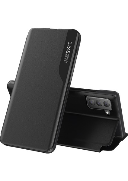 Tam Koruma Flip Deri Görünüm Pencere Telefon Stand Kapağı Samsung Galaxy S21 Fe-Black (Yurt Dışından)