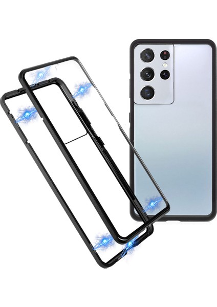 Samsung Galaxy S21 Ultra 5g-Black Için Çift Yan Temperlenmiş Cam Telefon Kılıflı Manyetik Kilit Kurulum Metal Çerçeve (Yurt Dışından)