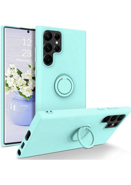 Samsung Galaxy S22 Ultra 5g Parmak Yüzüğü Kickstand Tasarım Anti-Slatch Anti-Cratch Seat Renk Sıvı Silikon Cep Telefon Kılıfı Kapak Sky Mavi (Yurt Dışından)