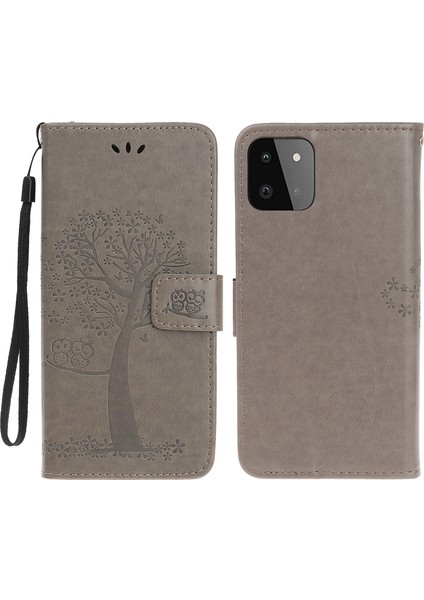 Baykuş Ağacı Deseni Deri Deri Cüzdan Stand Stand Samsung Galaxy A22 5g (Ab Versiyonu) -Grey (Yurt Dışından)