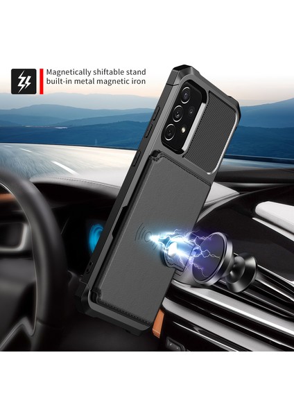 Samsung Galaxy A52 4G/5G/A52S 5g-Black Için Kickstand ve Card Tutucu [dahili Manyetik Sac] ile Deri Kaplamalı Tpu Protektör Kapağı (Yurt Dışından)
