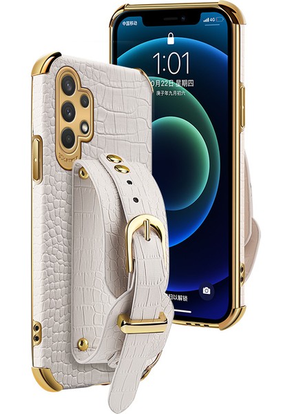 Bilek Kayış Tasarımı 6d Elektrokürlü Timsah Doku Pu Deri Kaplamalı Tpu Telefon Geri Kılıf Samsung Galaxy A32 5G/M32 5g-Beyaz (Yurt Dışından)
