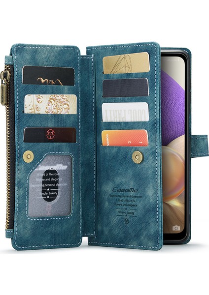 Samsung Galaxy A32 5G/M32 5g Için Tam Koruma Destekleme Standı Tasarım Pu Deri Telefon Kılıfı Zipper Cep Cüzdan Telefon Kapak Mavi (Yurt Dışından)