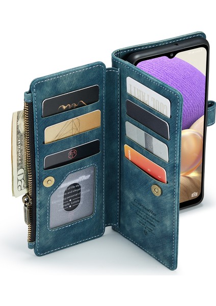 Samsung Galaxy A32 5G/M32 5g Için Tam Koruma Destekleme Standı Tasarım Pu Deri Telefon Kılıfı Zipper Cep Cüzdan Telefon Kapak Mavi (Yurt Dışından)