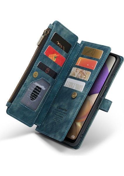 Samsung Galaxy A32 5G/M32 5g Için Tam Koruma Destekleme Standı Tasarım Pu Deri Telefon Kılıfı Zipper Cep Cüzdan Telefon Kapak Mavi (Yurt Dışından)