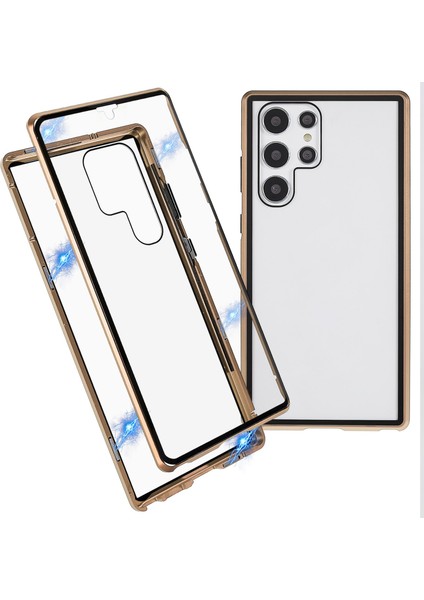 Samsung Galaxy S22 Ultra 5g 360 Derece Iyi Korunmuş Metal Tampon+Çift Taraflı Temperli Cam Anti-Çizelge Manyetik Telefon Kapağı-Altın (Yurt Dışından)