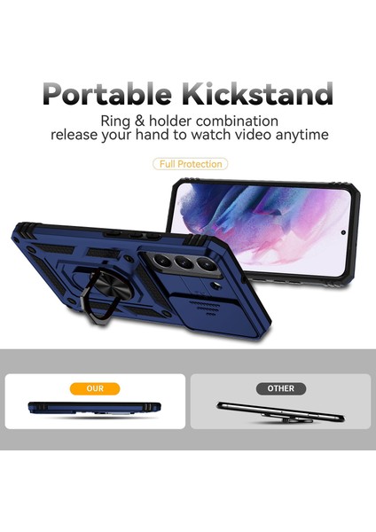Samsung Galaxy S22+5G Slayt Kamera Koruyucusu Pc+Tpu Hibrid Kılıf Yüzüğü Kickstand Telefon Kapak-Blue (Yurt Dışından)