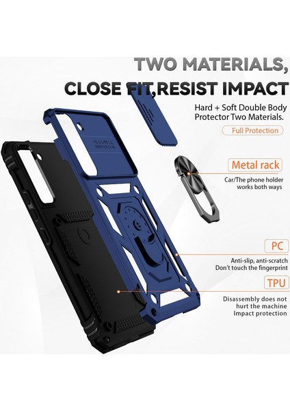 Samsung Galaxy S22+5G Slayt Kamera Koruyucusu Pc+Tpu Hibrid Kılıf Yüzüğü Kickstand Telefon Kapak-Blue (Yurt Dışından)