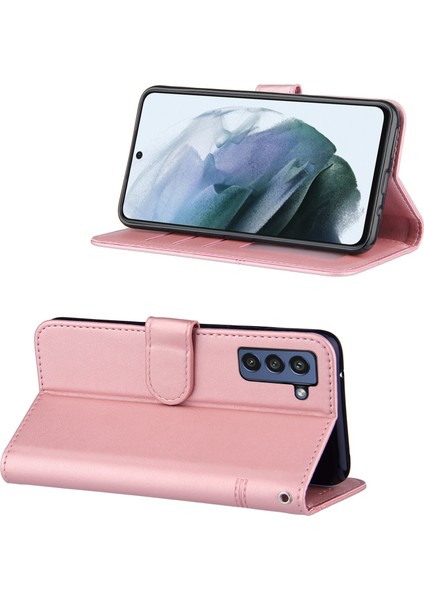 Samsung Galaxy S21 Fe-Pink Için Stand ile Kısa Deri Telefon Kapağı Cüzdan Kılıfı (Yurt Dışından)