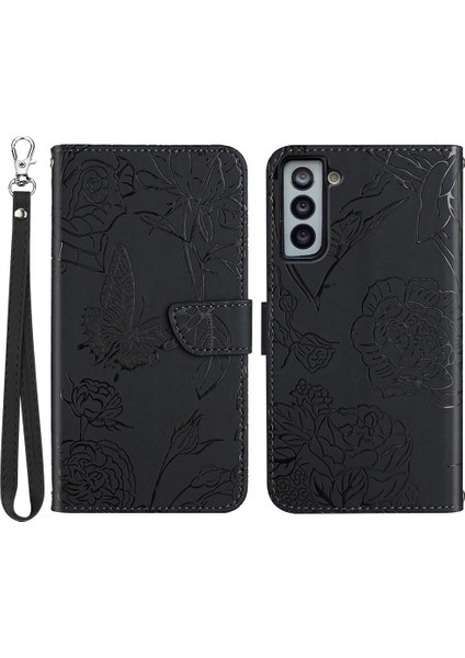 Samsung Galaxy S21 Fe 5G/S21 Fan Edition Pu Deri Deri Manyetik Kelebek Çiçek Desen Baskılı Kasa Cilt Touch Hissed Hissedilmiş Kitaplık Cüzdan Stand Flip Kapak Strap-Black (Yurt Dışından)