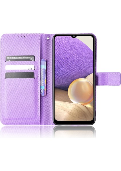 Samsung Galaxy A32 5G/M32 5g Için Elmas Doku Kılıfı, Pu Deri Cüzdan Stili Şok Geçirmez Flip Telefon Stand Kapağı Kullanışlı Kayış-Mor ile (Yurt Dışından)