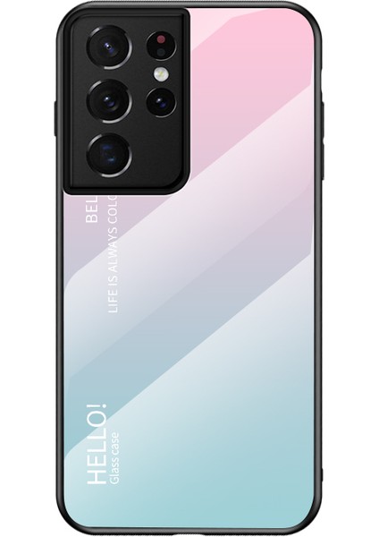Samsung Galaxy S21 Ultra 5g-Pink/mavi Için Tpu Çerçeve Renk Gradyan Temsilli Cam Cep Telefonu Kılıfı (Yurt Dışından)
