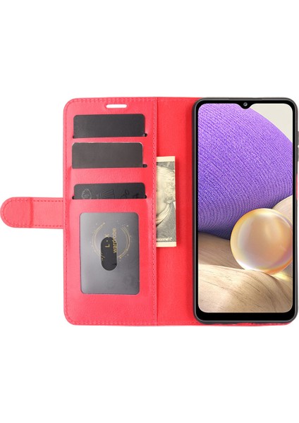 Cüzdan Tasarım Çılgın At Doku Deri Kapak Stand Samsung Galaxy A32 5G/M32 5g-Kırmızı (Yurt Dışından)