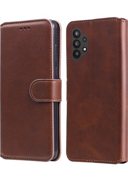 Samsung Galaxy A32 5G/M32 5g-Brown Için Klasik Dokulu Cüzdan Stand Flip Deri Telefon Kılıfı (Yurt Dışından)