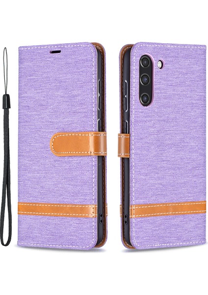 Samsung Galaxy S21 FE/S21 Lite-Mor Için Birleştirme Kot Pantolon Yüzey Deri Telefon Kapağı Cüzdan Standı Çantası (Yurt Dışından)