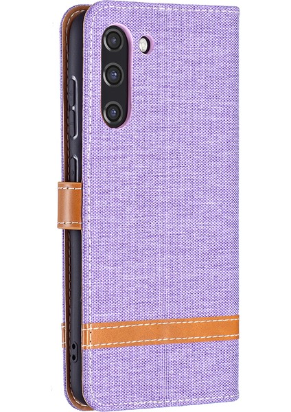 Samsung Galaxy S21 FE/S21 Lite-Mor Için Birleştirme Kot Pantolon Yüzey Deri Telefon Kapağı Cüzdan Standı Çantası (Yurt Dışından) modelleri
