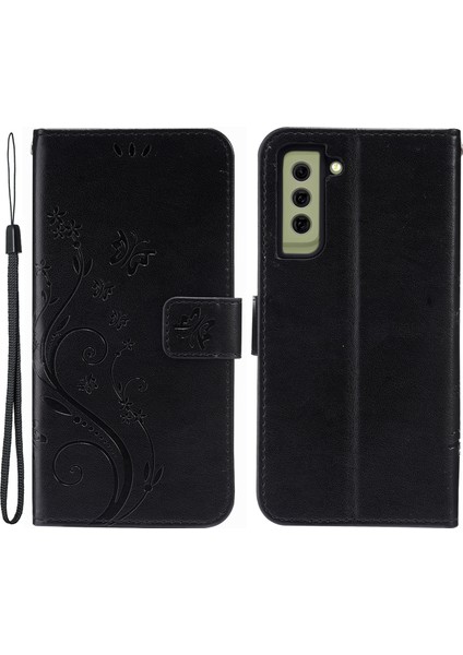 Samsung Galaxy S21 Fe-Black Için Kelebekler ve Çiçek Basılı Deri Cüzdan Stand Tasarım Kılıfı (Yurt Dışından)