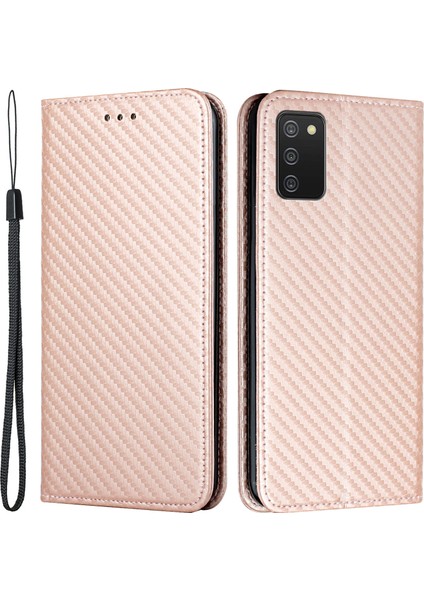 Karbon Fiber Doku Kullanışlı Kayış Manyetik Kapatma Pu Deri Telefon Kılıfı Samsung Galaxy A02S (164.2X75.9X9.1MM) Standı ile -Rose Altın (Yurt Dışından)