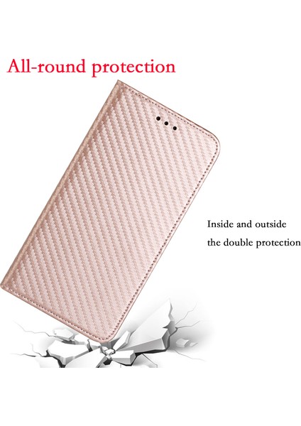 Karbon Fiber Doku Kullanışlı Kayış Manyetik Kapatma Pu Deri Telefon Kılıfı Samsung Galaxy A02S (164.2X75.9X9.1MM) Standı ile -Rose Altın (Yurt Dışından)