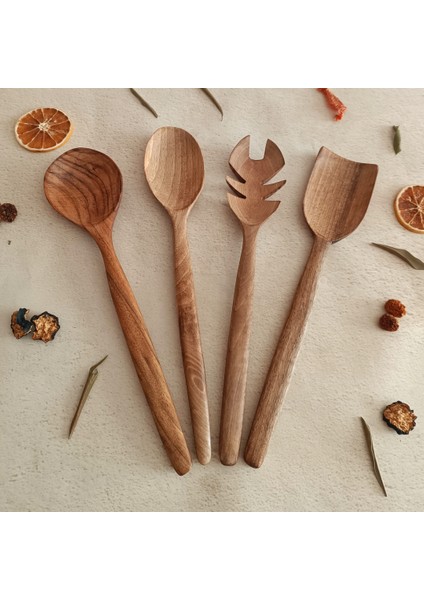 Ahşap Tahta Servis, Sunum Kaşığı ve Spatula Seti - El Yapımı - Ceviz Ağacı