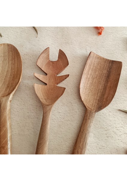 Ahşap Tahta Servis, Sunum Kaşığı ve Spatula Seti - El Yapımı - Ceviz Ağacı fırsatları