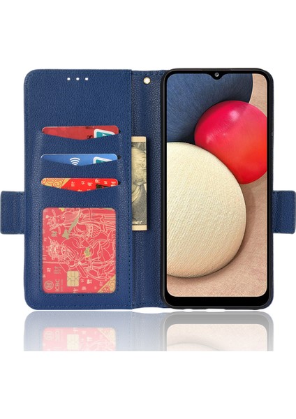 Samsung Galaxy A02S/A03S (164.2 x 75.9 x 9.1mm) Litchi Doku Pu Deri Kılıf Manyetik Toka Stand Cüzdan Tpu Tampon Folio Koruyucu Kapak-Dark Mavi (Yurt Dışından)