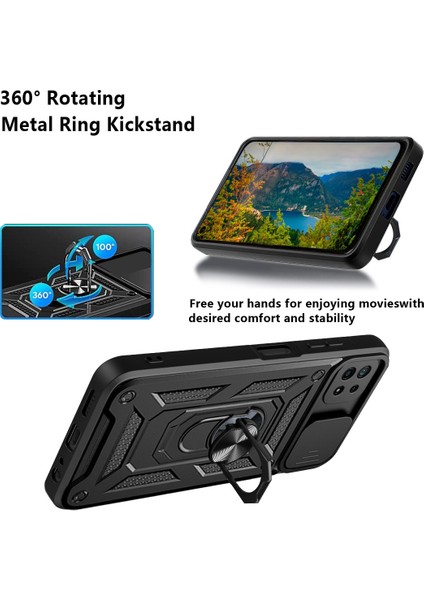 Samsung Galaxy A22 5g (Ab Versiyonu) Fingerprint Anti-Fingerprint Ring Kickstand Tasarım Slayt Kamera Kapağı Pc+Tpu Hibrid Koruyucu Telefon Kapağı Kılıf Kırmızısı (Yurt Dışından)