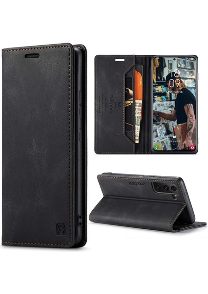 Samsung Galaxy S22+5G Manyetik Kapatma Kabuğu Için, Tam Koruma Retro Mat Pu Deri Deri Cüzdan Flip Stand Kapağı Rfıd Blowstıng-Black (Yurt Dışından)