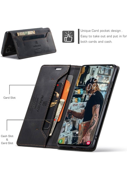 Samsung Galaxy S22+5G Manyetik Kapatma Kabuğu Için, Tam Koruma Retro Mat Pu Deri Deri Cüzdan Flip Stand Kapağı Rfıd Blowstıng-Black (Yurt Dışından)