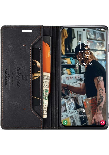 Samsung Galaxy S22+5G Manyetik Kapatma Kabuğu Için, Tam Koruma Retro Mat Pu Deri Deri Cüzdan Flip Stand Kapağı Rfıd Blowstıng-Black (Yurt Dışından)