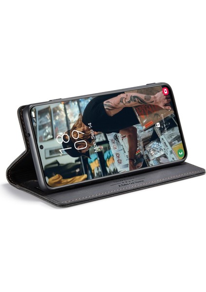 Samsung Galaxy S22+5G Manyetik Kapatma Kabuğu Için, Tam Koruma Retro Mat Pu Deri Deri Cüzdan Flip Stand Kapağı Rfıd Blowstıng-Black (Yurt Dışından)