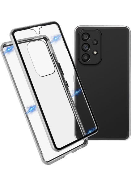 Samsung Galaxy A53 5g Anti-Fall Metal Tamponu+Çift Taraflı Temperli Cam Kabuk 360 Derece Her Şey Dereceli Koruma Manyetik Telefon Kapak Silver (Yurt Dışından)