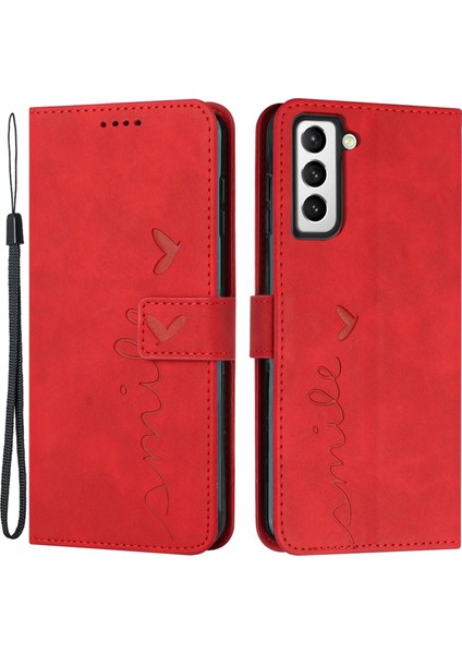 Kalp Şekli Samsung Galaxy S22 5g Için Baskı Kılıfı, Cilt Touch Hisset Anti-Shock Pu Deri Deri Çift Taraflı Manyetik Toka Cüzdan Stand Kabuğu Strap-Red (Yurt Dışından)