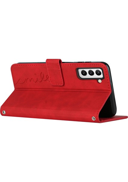 Kalp Şekli Samsung Galaxy S22 5g Için Baskı Kılıfı, Cilt Touch Hisset Anti-Shock Pu Deri Deri Çift Taraflı Manyetik Toka Cüzdan Stand Kabuğu Strap-Red (Yurt Dışından)