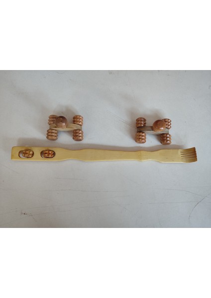 ( 3lü Set) Ahşap Masaj Seti 1 Adet Sırt Kaşıma ve 2 Adet Tekerlekli Masaj Aleti