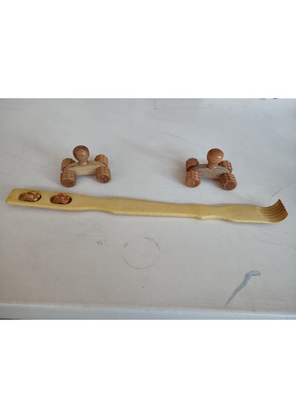 ( 3lü Set) Ahşap Masaj Seti 1 Adet Sırt Kaşıma ve 2 Adet Tekerlekli Masaj Aleti