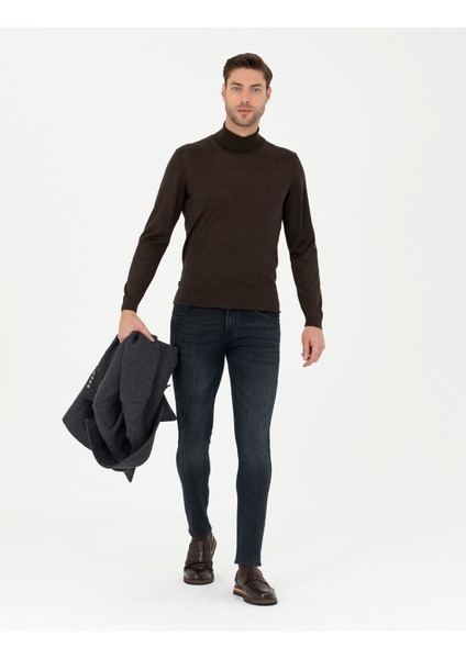 Erkek Kahverengi Slim Fit Balıkçı Yaka Yün Karışımlı Basic Triko Kazak 50270052-VR029