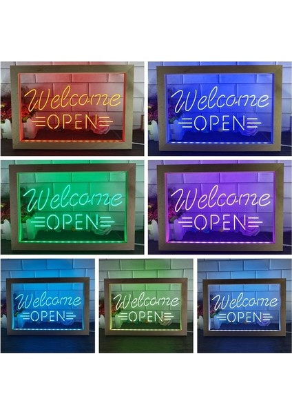 7 Renk 32X22 cm Açık Karşılama Mağaza Ekran Çift Renkli LED Neon Burcu Fotoğraf Çerçevesi Yaratıcı Masa Lambası Yatak Odası Masası Ahşap 3D Gece Lambası (Yurt Dışından)