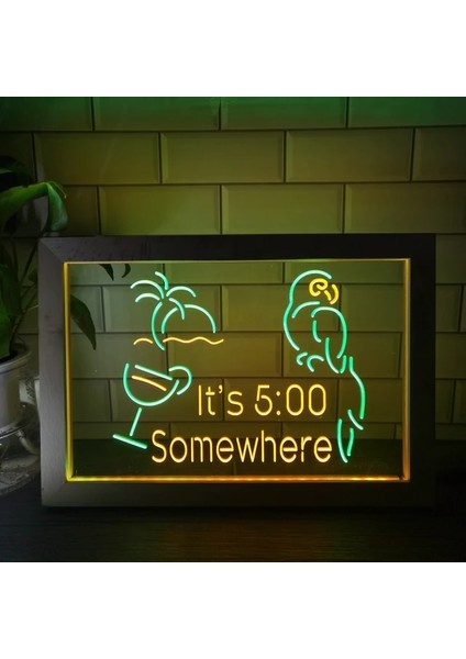 Yeşil ve Sarı 23X17CM Saat 17:00 Bir Yerde 17:00 Kokteyl Bar Dekoru Papağan Palmiye Ağacı Çift Renkli LED Neon Tabela Fotoğraf Çerçevesi Yatak Odası Masası 3D Gece Lambası (Yurt Dışından)